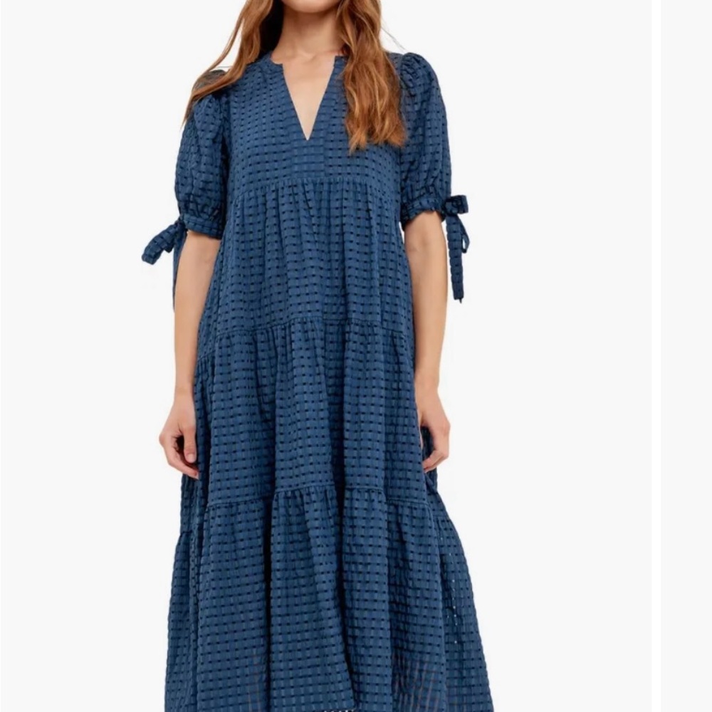 Stunning English Factory Blue ruffle checked tiered sundress puff sleeve bows